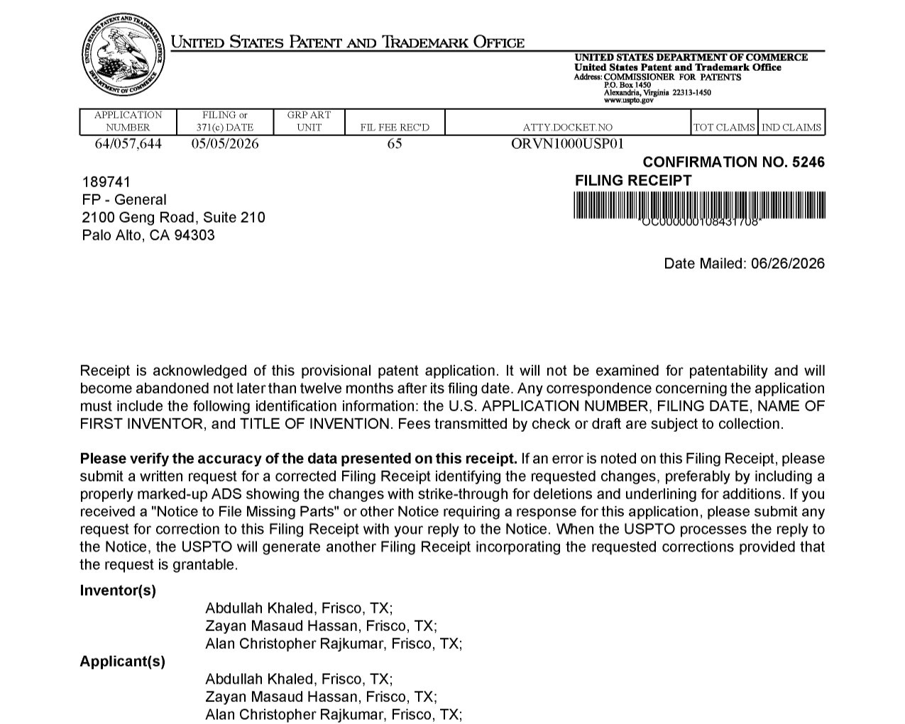 USPTO provisional patent filing receipt for OralVision